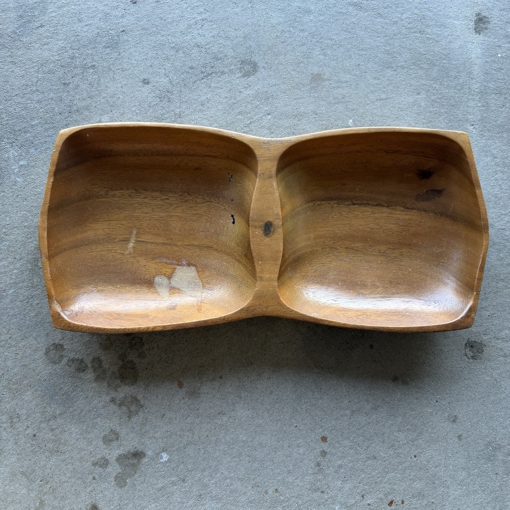Vintage Leilani Hand Crafted Monkey Pod Wood Divided Catchall Key Bowl 14.5"